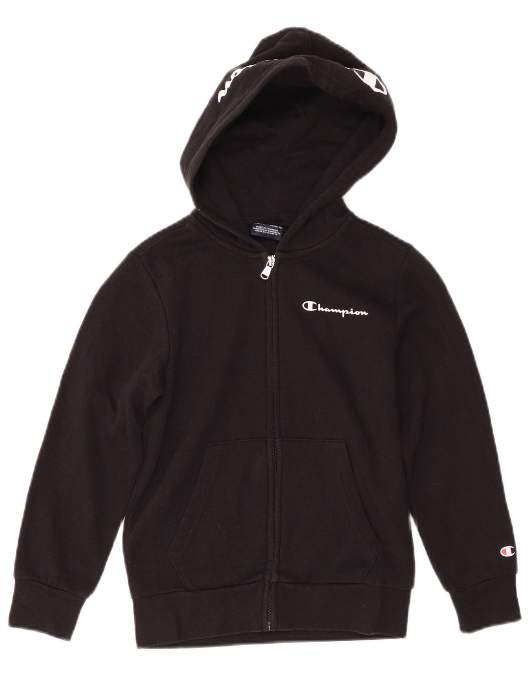 Champion Sudadera con capucha y cremallera gráfica para niños de 7 a 8 años, talla pequeña, color negro