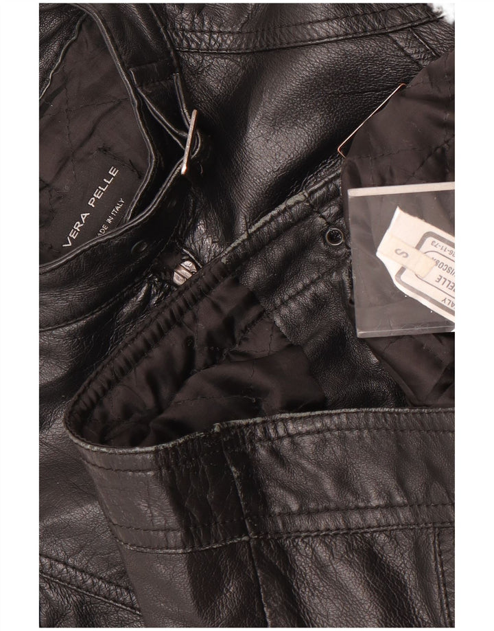 Vintage mujer crop cuero biker chaqueta Reino Unido 10 pequeño cuero negro