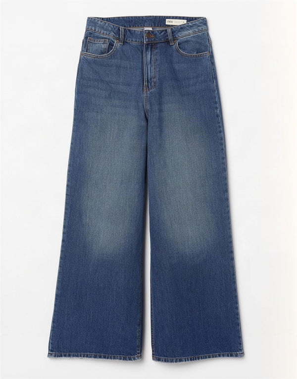 Zara Vaqueros de pierna ancha y cintura alta para mujer EU 40 Medium W30 L31 Algodón azul