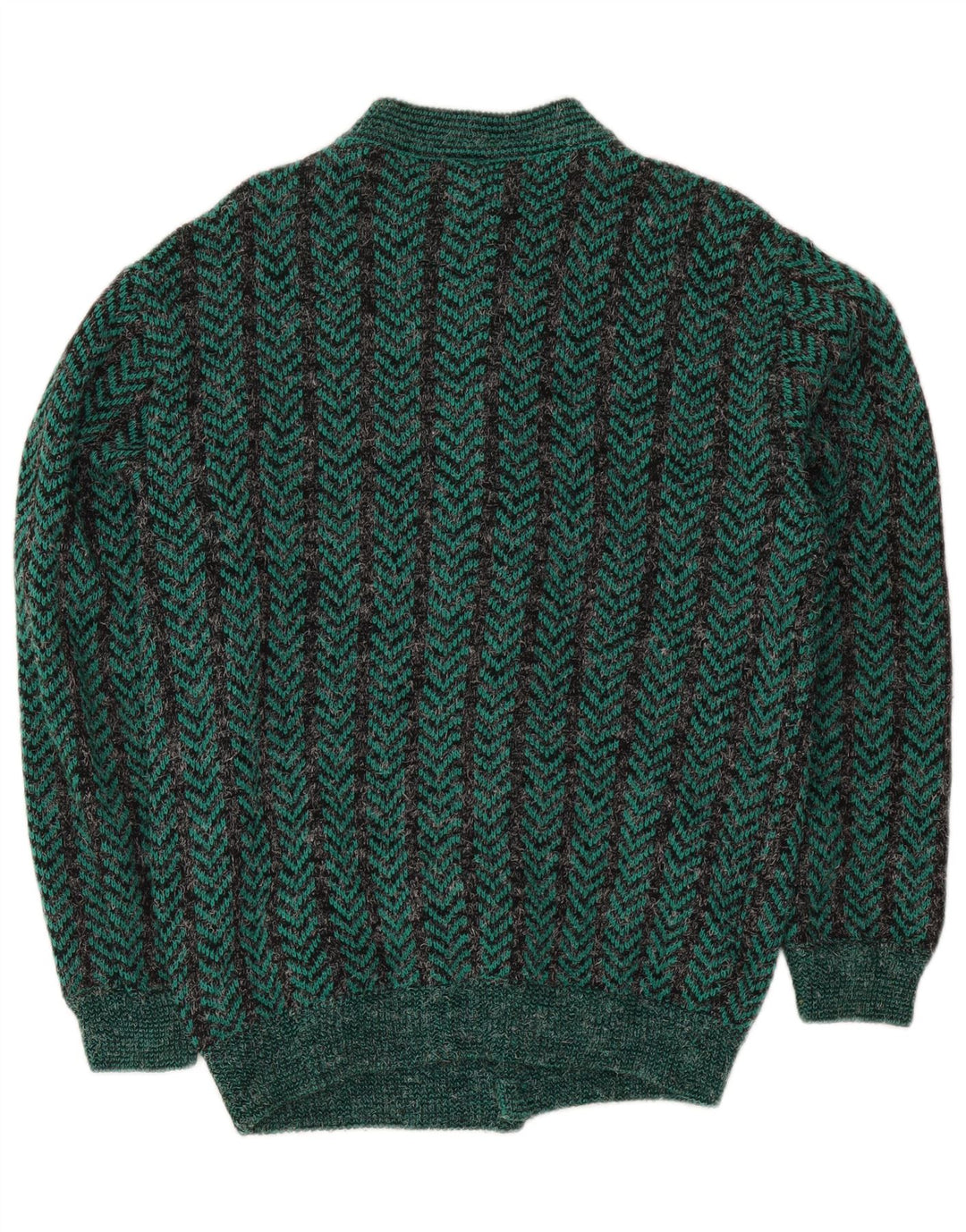 Vintage hombres Regular Fit Cardigan suéter medio verde Chevron acrílico
