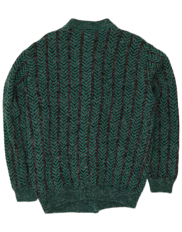 Vintage Mens Regular Fit Cardigan Sweater Medium Green Chevron Acrylic