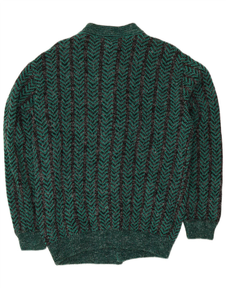 Vintage hombres Regular Fit Cardigan suéter medio verde Chevron acrílico
