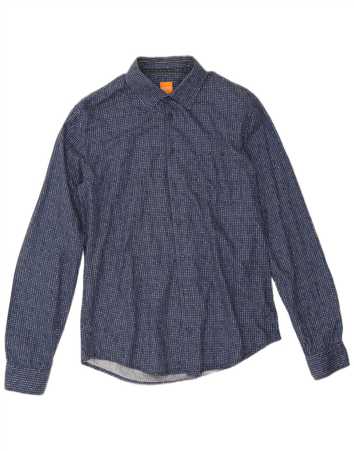 Camisa Hugo Boss Hombre Mediana Algodón Manchado Azul Marino