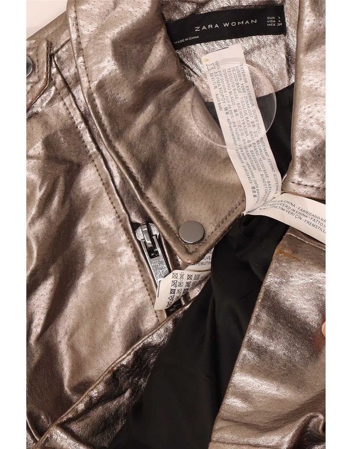 Zara Chaqueta Motera De Cuero Para Mujer UK 44 Grande Dorada