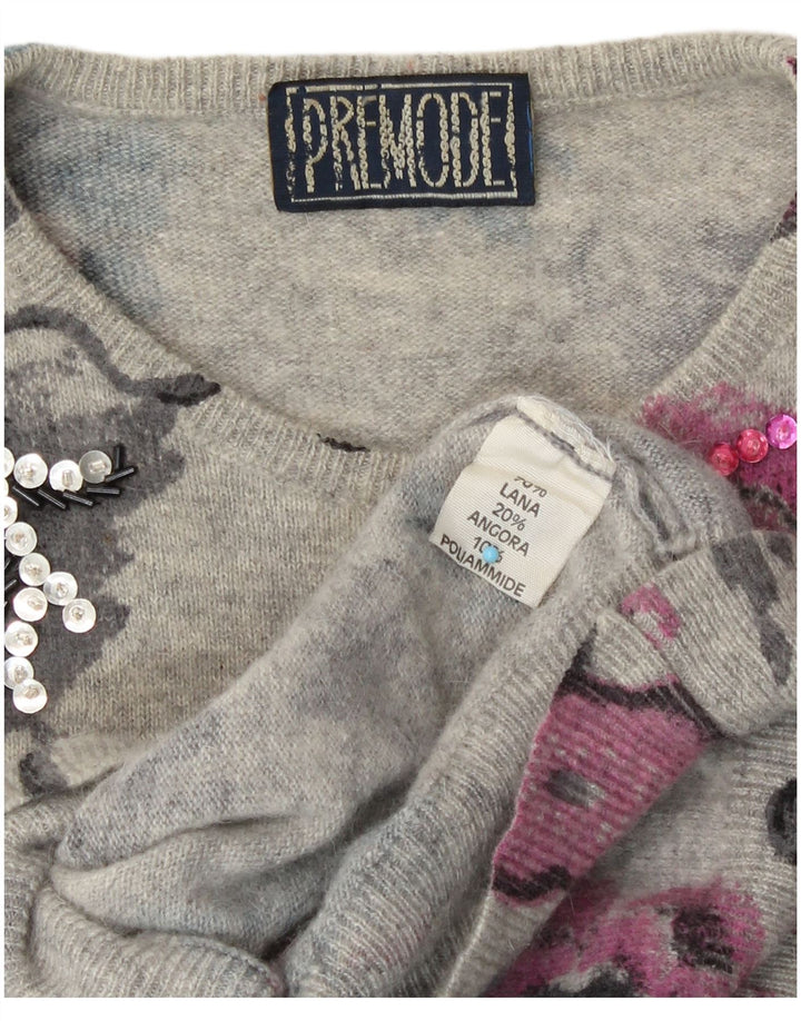 Premode - Jersey de cuello redondo para mujer, talla 40, talla grande, lana floral gris