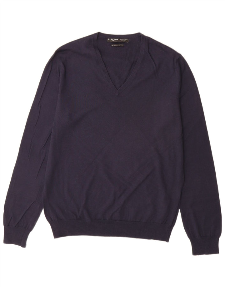 Zara Hombre Jersey Con Cuello En V Jersey Grande Azul Marino Algodón