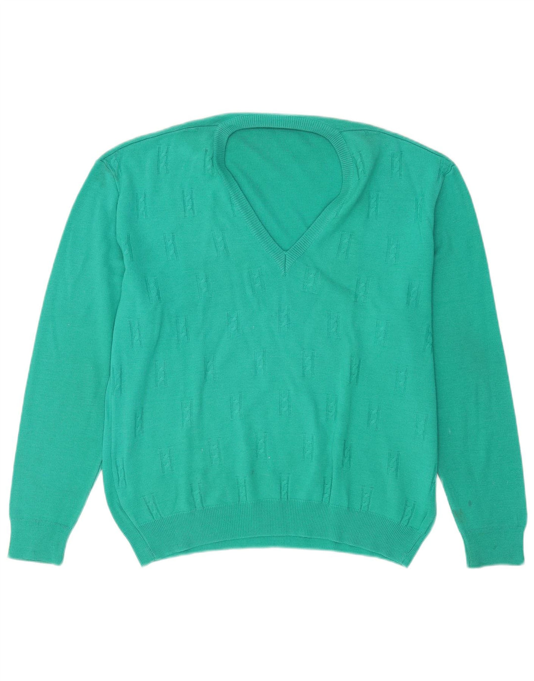 Vintage hombres V-cuello jumper suéter grande lana turquesa
