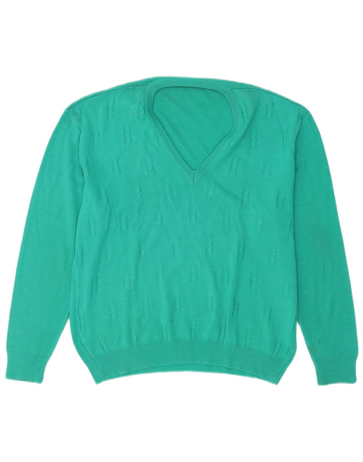 Vintage hombres V-cuello jumper suéter grande lana turquesa