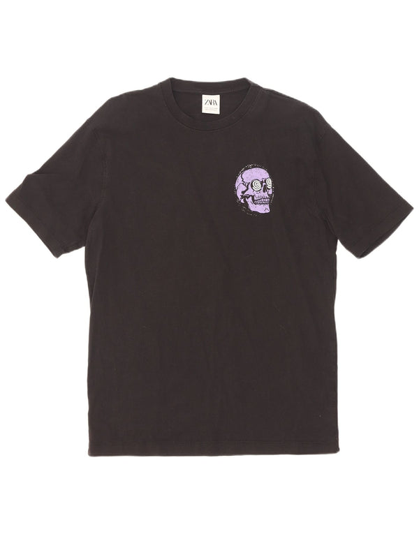 Zara Hombre Camiseta Gráfica Top Small Algodón Negro