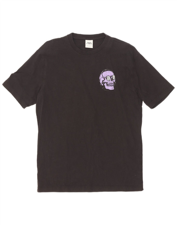 Zara Hombre Camiseta Gráfica Top Small Algodón Negro
