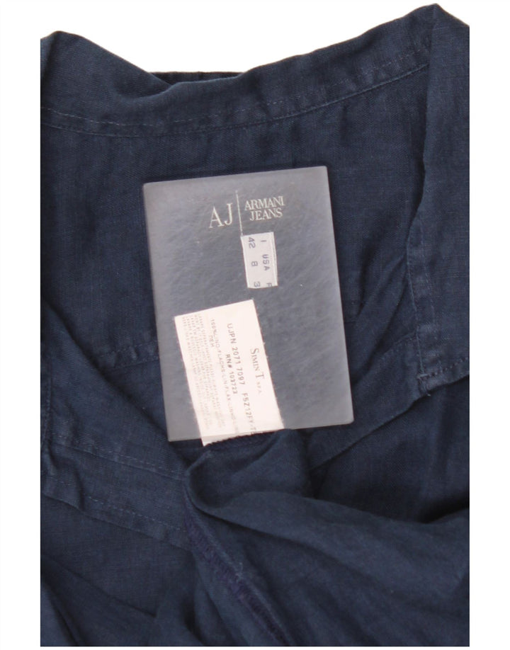 ARMANI JEANS Blusa camisera de manga corta para mujer UK 12 Medium Navy Blue Linen