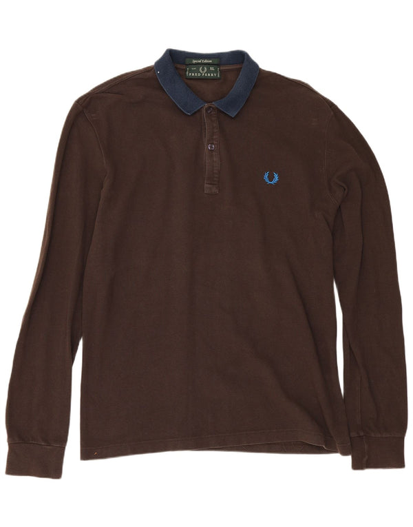 Fred Perry Polo De Rugby De Manga Larga Para Hombre XL Algodón Color Block Marrón