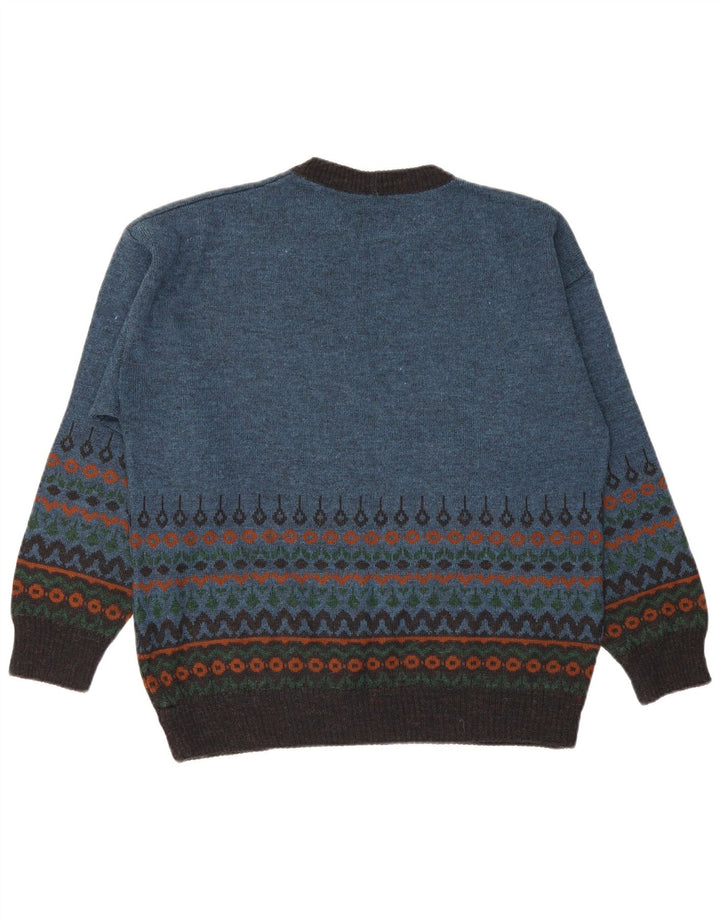 Vintage hombres cuello redondo jersey suéter azul medio Fair Isle