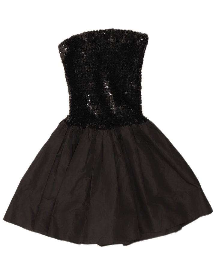 Vintage mujer lentejuelas vestido sin tirantes Reino Unido 12 viscosa negra mediana