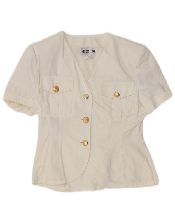 Vintage mujer camisa de manga corta blusa Reino Unido 10 pequeño cupro blanco