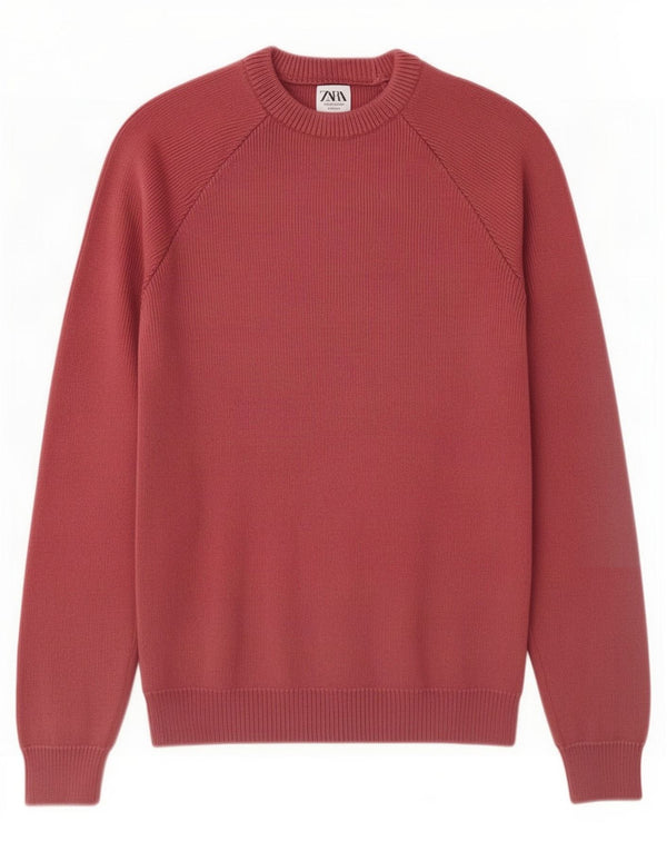 Zara Hombre Jersey Cuello Redondo Jersey Algodón Burdeos Medio