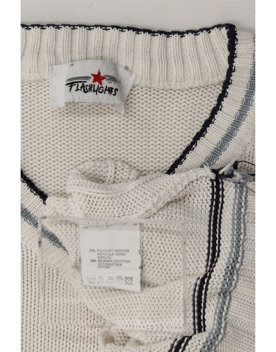 FLASH LIGHTS Mens V-Neck Jumper Sweater Medium White Striped Polyacrylic Vintage Flash Lights and Second-Hand Flash Lights from Messina Hembry 