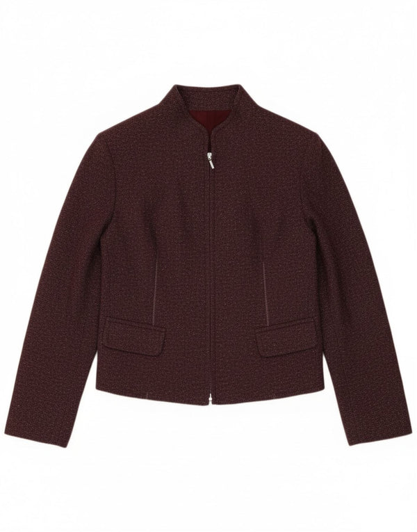 Vintage mujer crop full zip blazer chaqueta Reino Unido 8 pequeño borgoña moteado