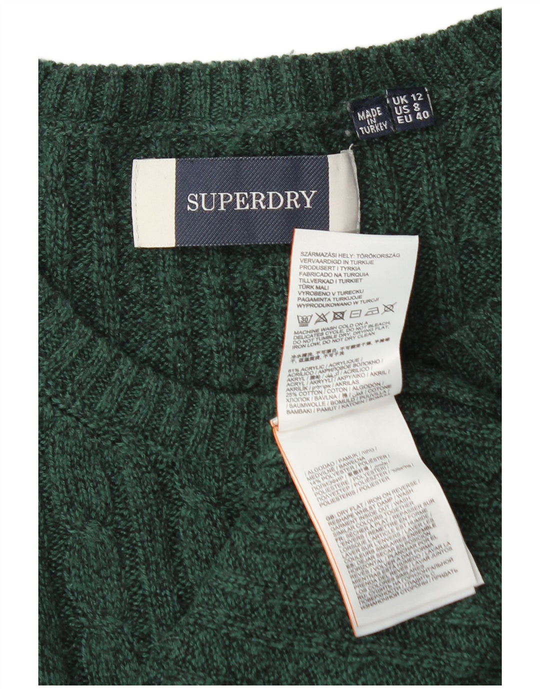 Superdry Suéter tipo jersey con cuello redondo para mujer, Reino Unido 40, Acrílico verde medio