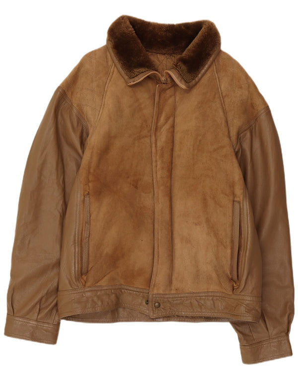 Chaqueta de piel de oveja vintage para hombre IT 52 XL cuero marrón