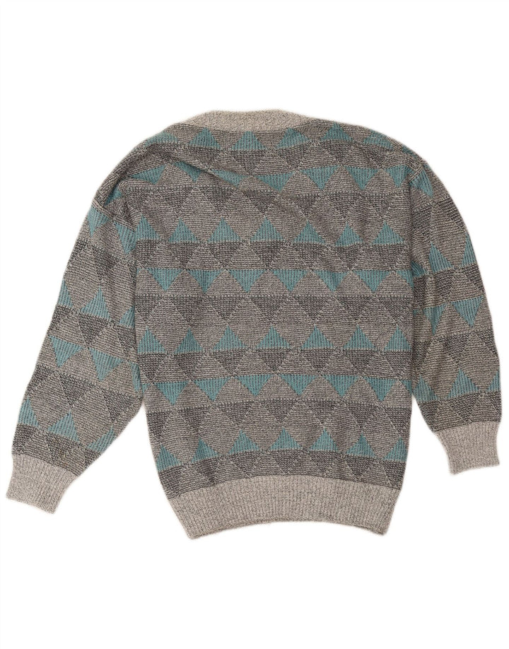 Vintage hombres V-cuello jumper suéter medio gris algodón geométrico