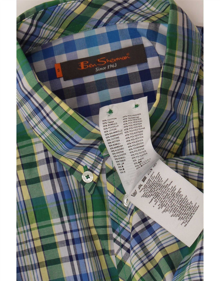 Ben Sherman Camisa de manga corta para hombre de algodón a cuadros verdes pequeños
