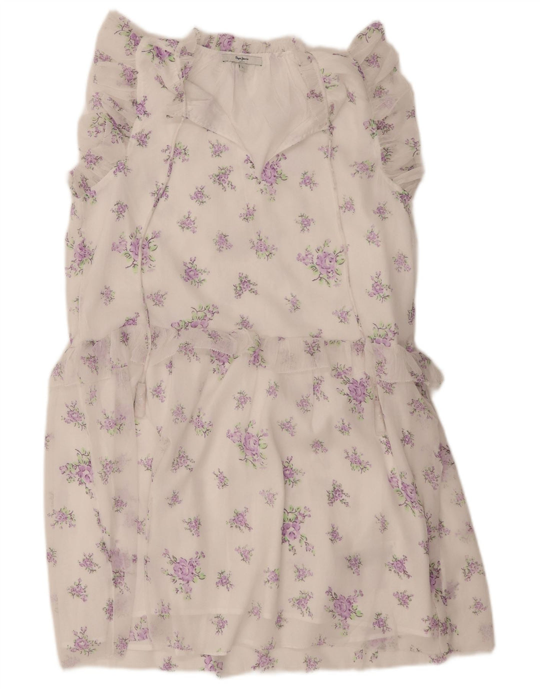 PEPE JEANS Womens Ruffle Basic Dress UK 16 Large White Floral Polyester