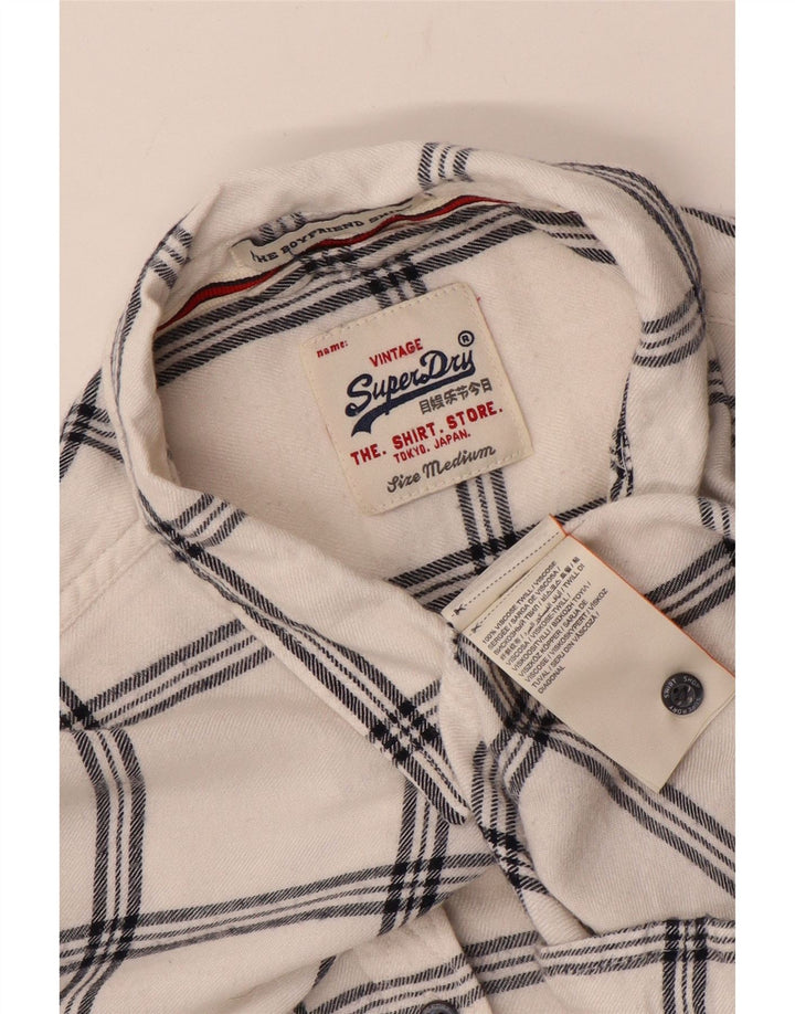 Superdry Camisa De Franela Boyfriend Para Mujer, Talla Mediana, Viscosa Blanca A Cuadros