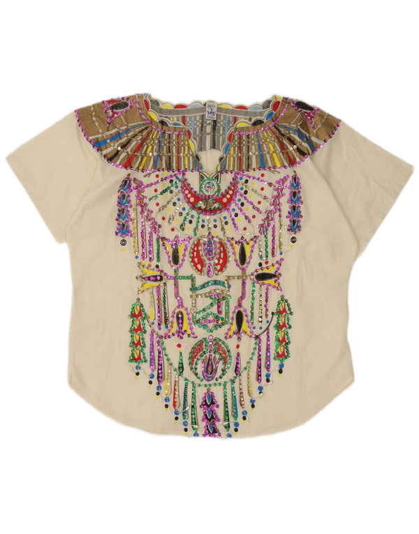 Vintage mujer patrón abstracto blusa Top Reino Unido 14 medio blanco étnico