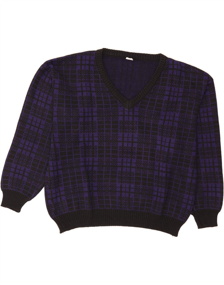 VINTAGE Womens Oversized V-Neck Jumper Sweater UK 14 Medium Purple Check Vintage Vintage and Second-Hand Vintage from Messina Hembry 