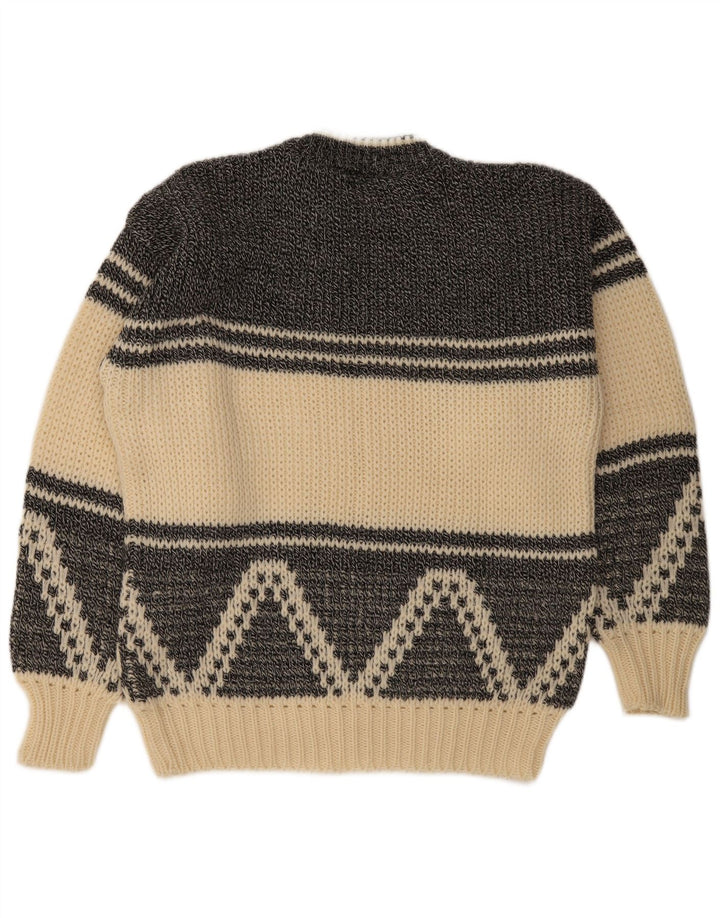 Vintage hombres cuello redondo jersey suéter EU 50 medio apagado blanco geométrico
