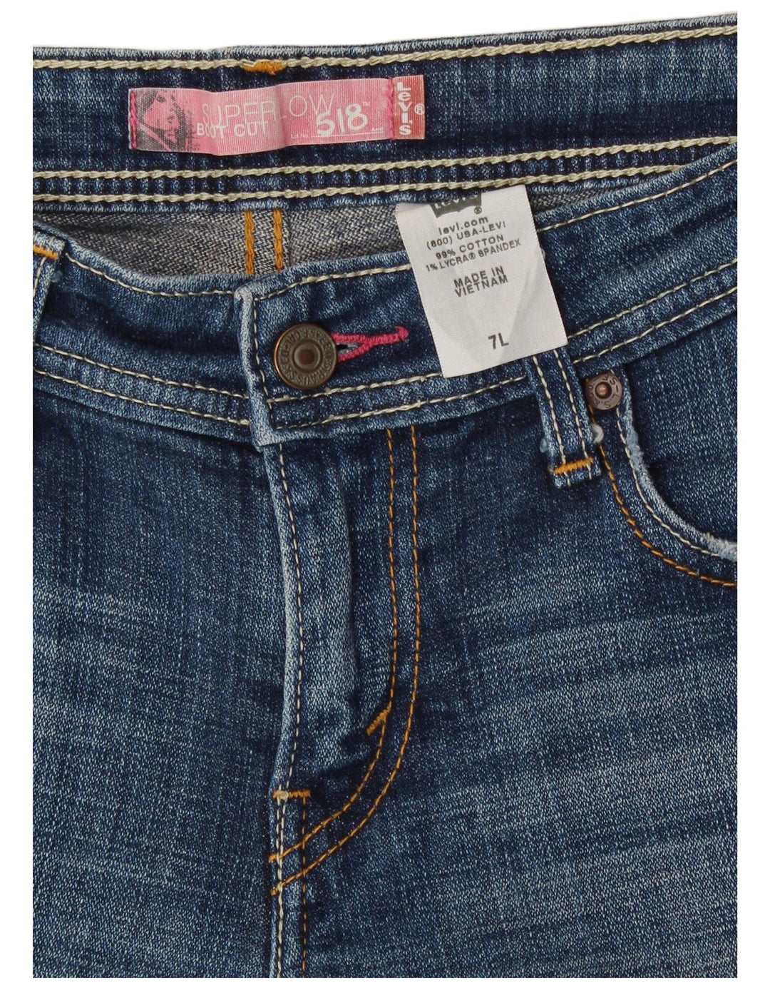 Levi's 518 Pantalones cortos de mezclilla de cintura baja para mujer, talla 7, mediano, W30, algodón azul