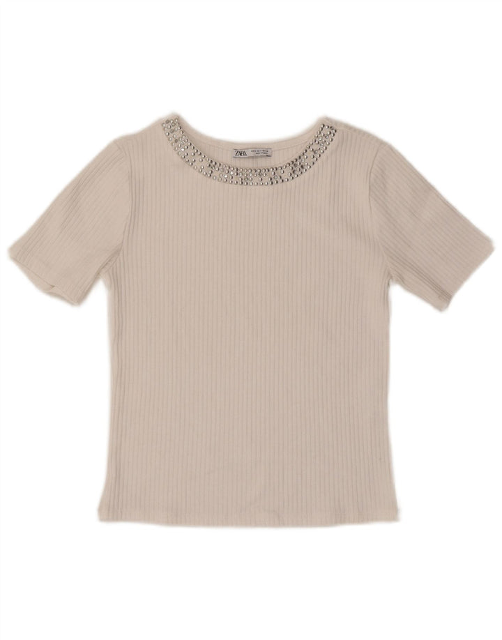 ZARA Mujer Camiseta Corta Top UK 8 Small Blanco Poliéster