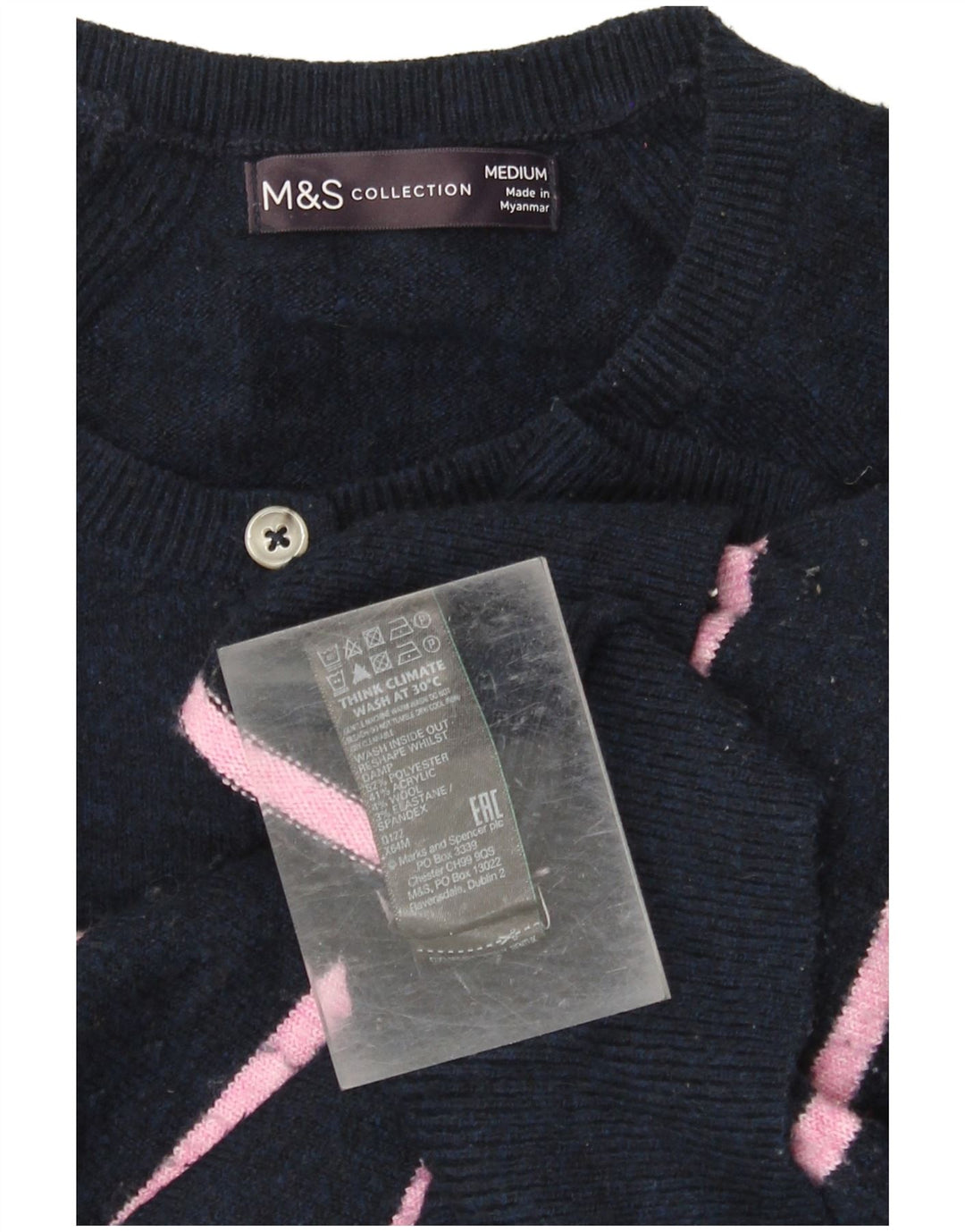 MARKS & SPENCER Suéter tipo jersey con cuello y botones para mujer UK 40 Medio Azul marino