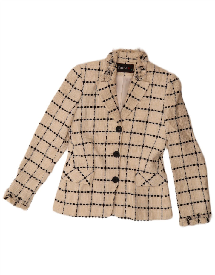 Vintage mujer 3 botones Blazer chaqueta Reino Unido 10 pequeño off blanco comprobar lana