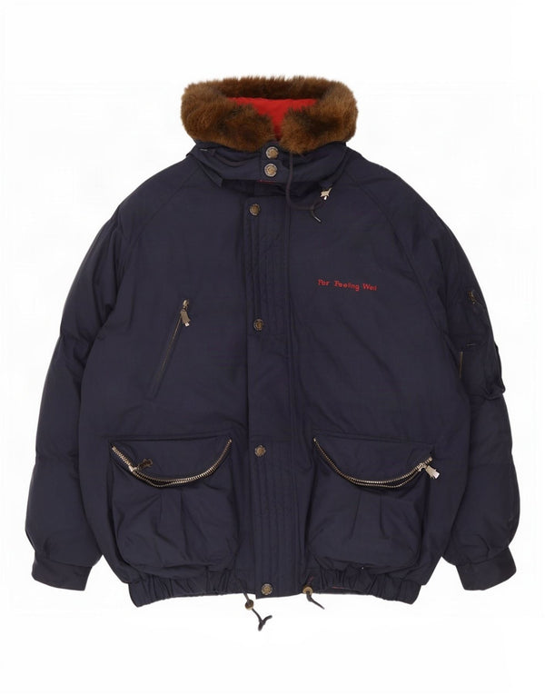 Vintage hombres gráfico con capucha chaqueta acolchada Reino Unido 42 XL poliéster azul marino