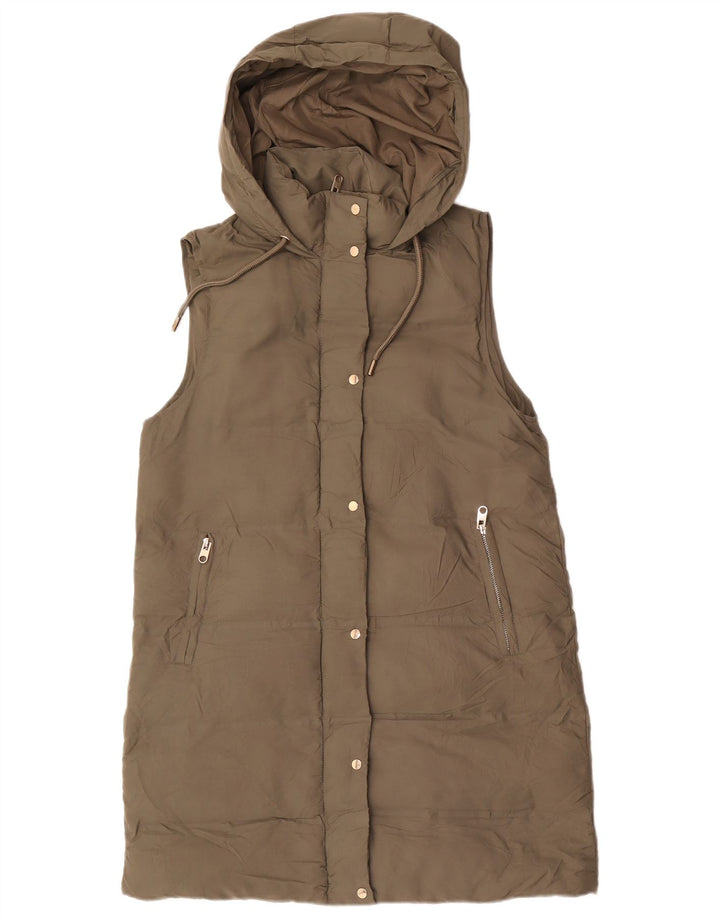 Zara Mujer Chaleco Acolchado Largo Con Capucha UK 44 Poliéster Caqui Mediano