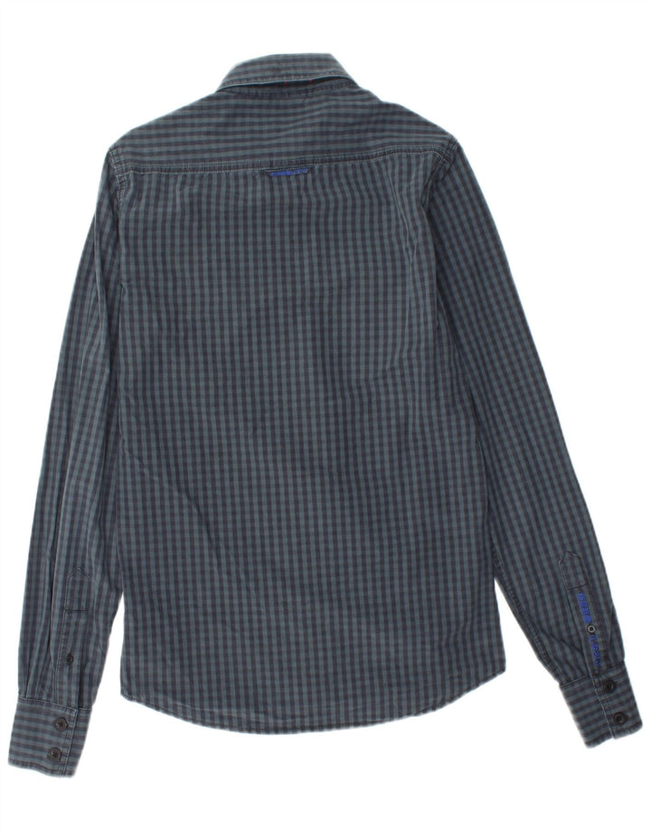 SUPERDRY Camisa de hombre pequeña de algodón a cuadros azul marino