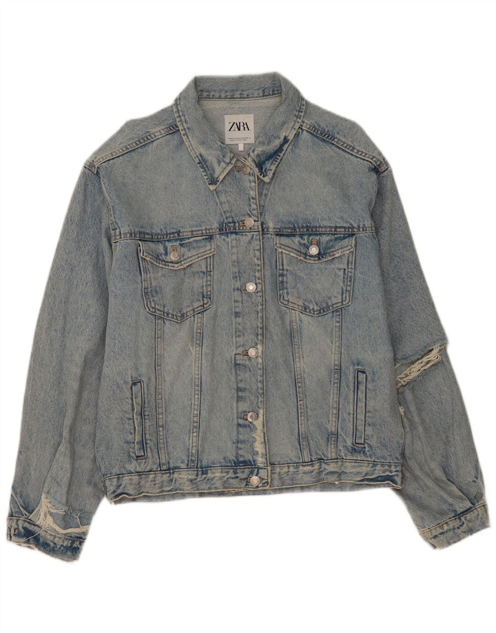 Zara Chaqueta Vaquera Extragrande Desgastada para Mujer UK 44 Algodón Azul Medio