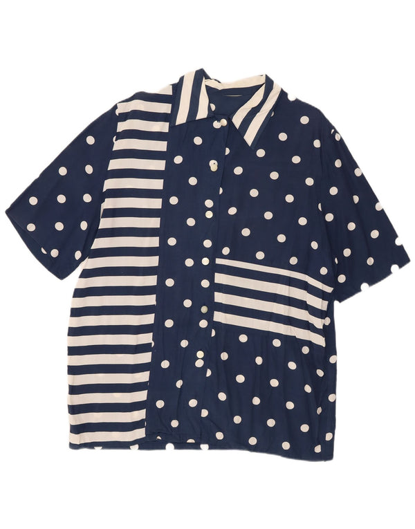 Vintage mujer camisa de manga corta Reino Unido 20 2XL azul marino lunares