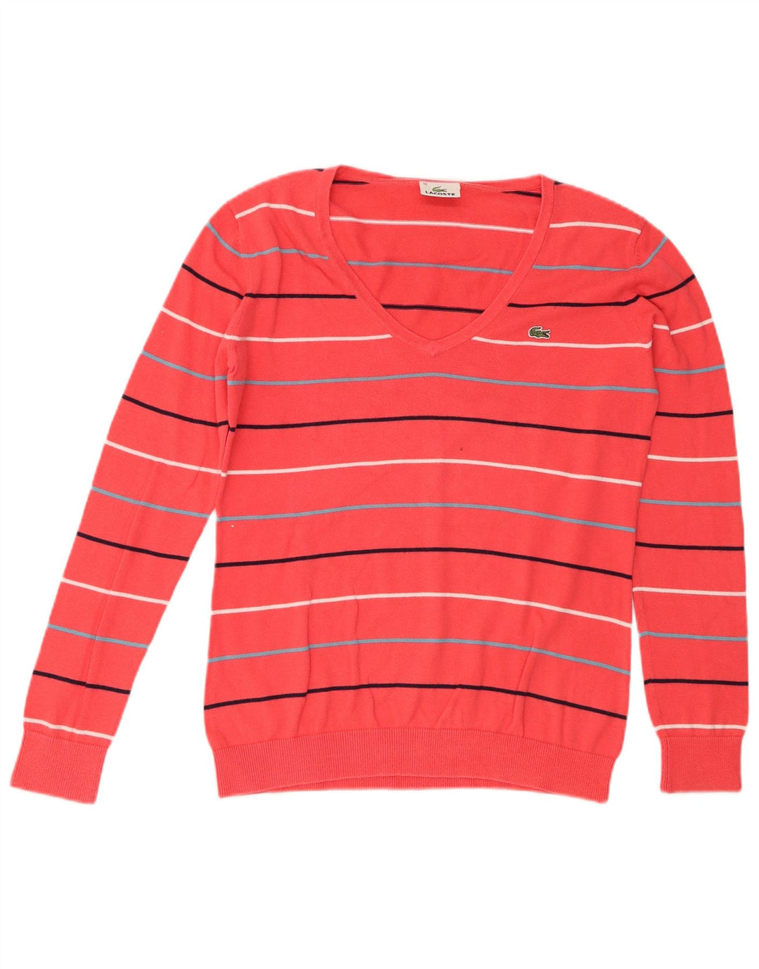 Jersey Lacoste para mujer con cuello en V, talla 40, algodón a rayas rosa medio