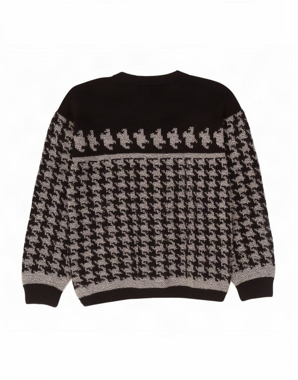 Vintage hombres cuello redondo jersey suéter medio negro pata de gallo