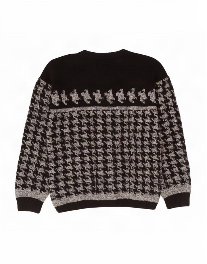 Vintage hombres cuello redondo jersey suéter medio negro pata de gallo
