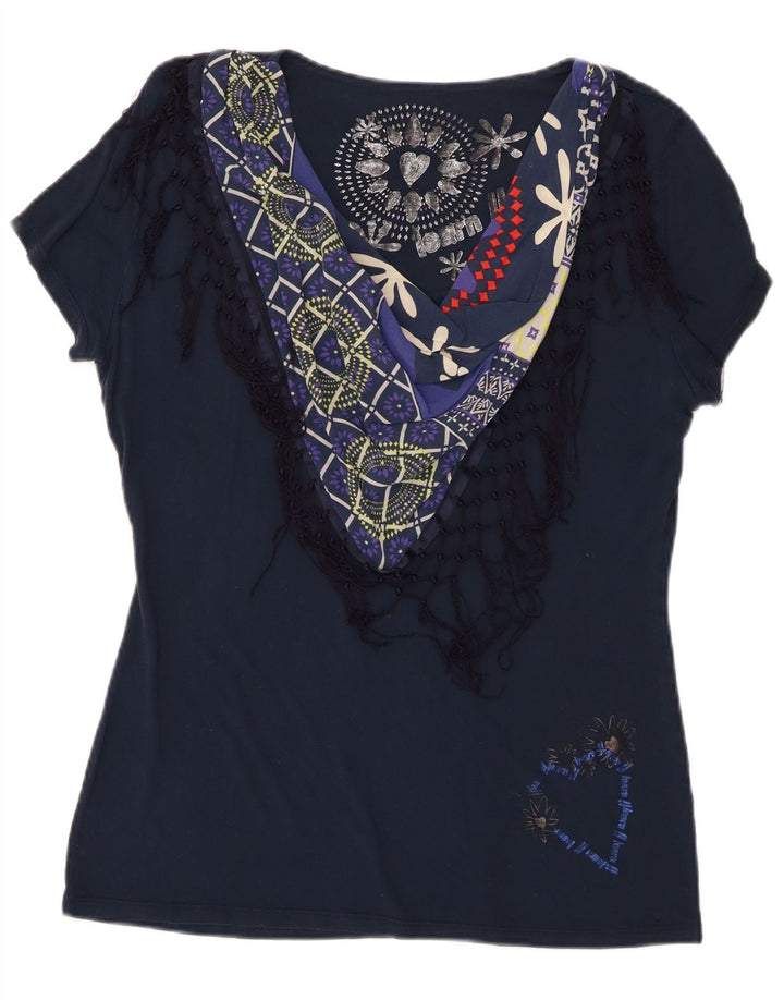 Desigual Mujer Camiseta Gráfica Top UK 18 XL Azul Marino Patchwork