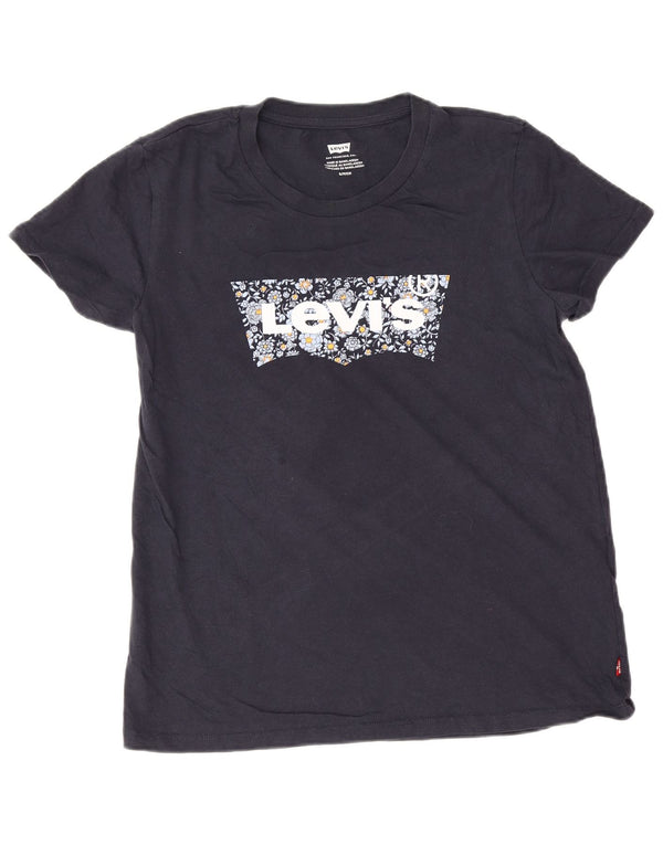 Levi's Camiseta gráfica para mujer Top UK 10 Small Azul marino Floral Algodón