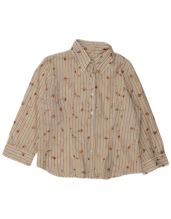 Vintage mujer 3/4 manga camisa Reino Unido 16 poliéster a rayas beige grande