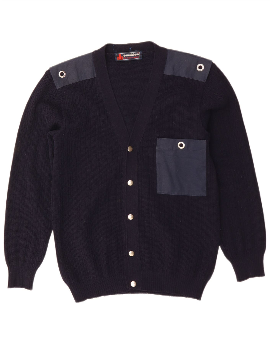 Vintage hombre cardigan suéter medio azul marino colorblock lana