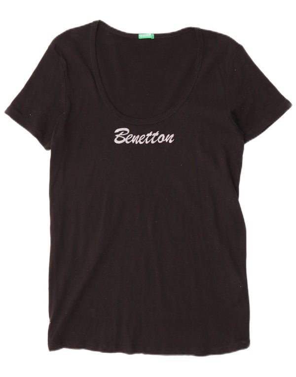 Benetton Camiseta Estampada para Mujer UK 40 Large Algodón Negro