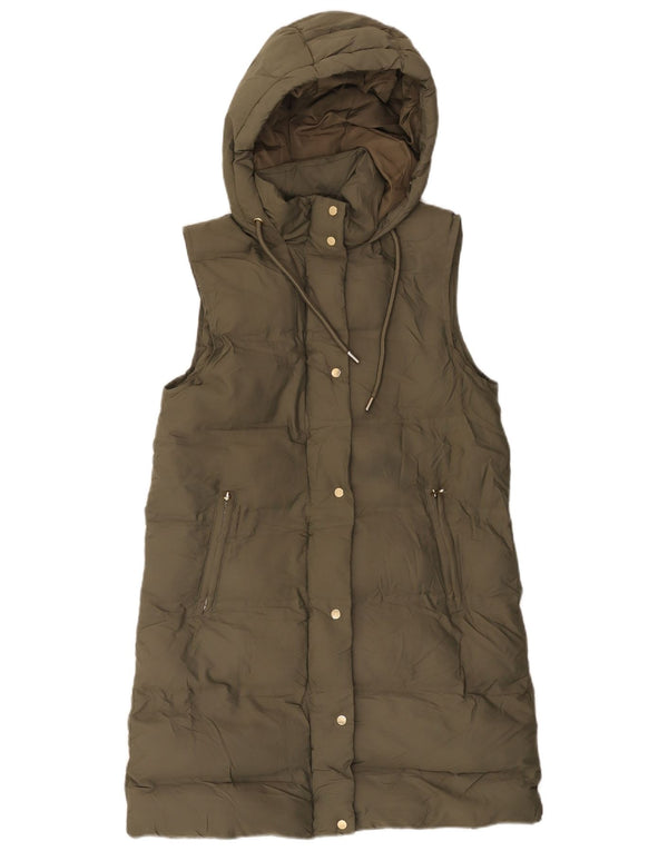 Zara Mujer Abrigo Acolchado Sin Mangas Con Capucha De Gran Tamaño UK 6 XS Poliéster Caqui