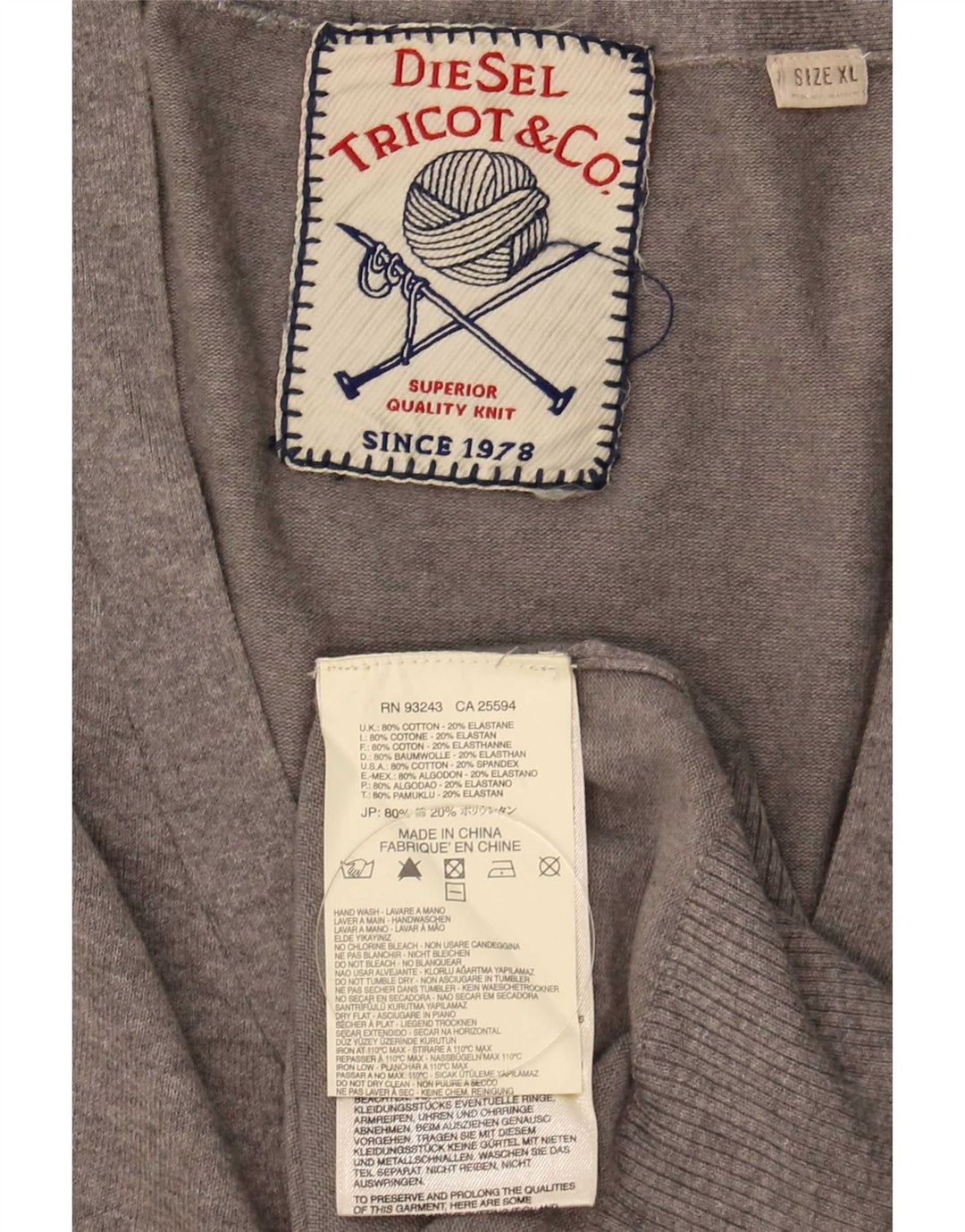 Diesel Hombre Cárdigan Suéter XL Algodón Gris